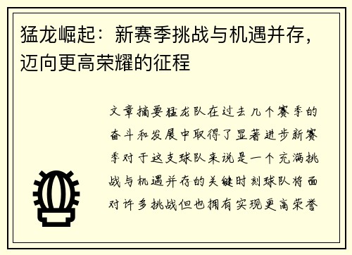 猛龙崛起：新赛季挑战与机遇并存，迈向更高荣耀的征程