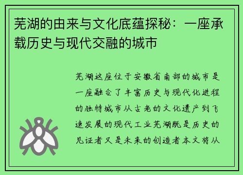 芜湖的由来与文化底蕴探秘：一座承载历史与现代交融的城市